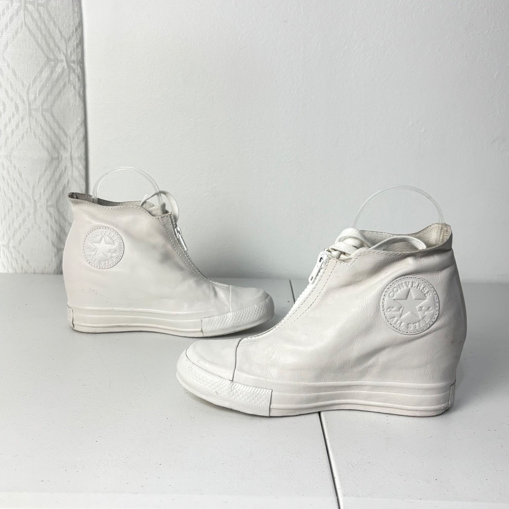Converse Chuck Taylor Lux Wedge Shroud White Leather Zip Sneakers Womens 6.5